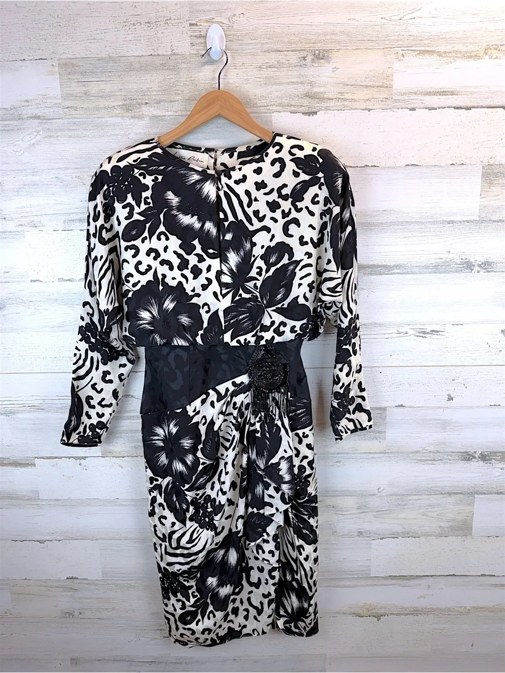 Vintage Lillie Rubin 100% Silk Cocktail Dress Black White Beaded Size 8 - Picture 2 of 14